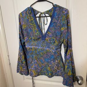 Karma Highway Blue/Purple/Gray Floral Blouse with Long Bell Sleeves - One Size